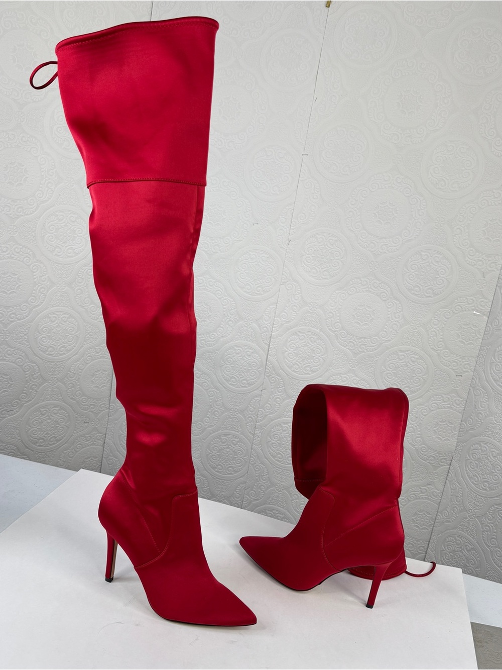 Aldo sz 8.5 Red Over The Knee Boot Sailors Satin Thedonna Stiletto Thigh High